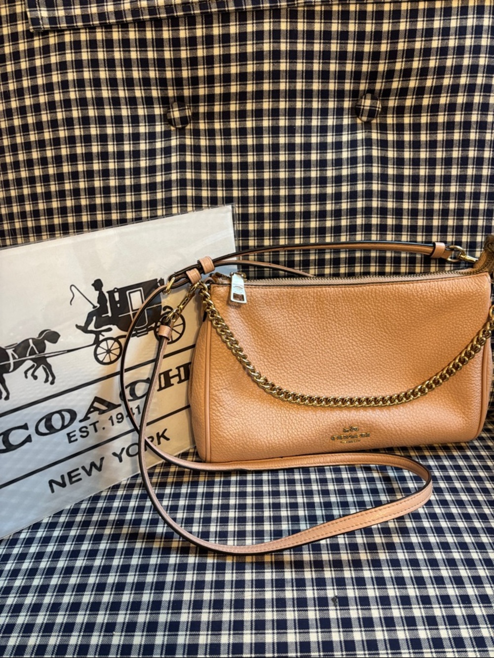 Coach Carrie tan Pebbled Leather Chain crossbody Bag